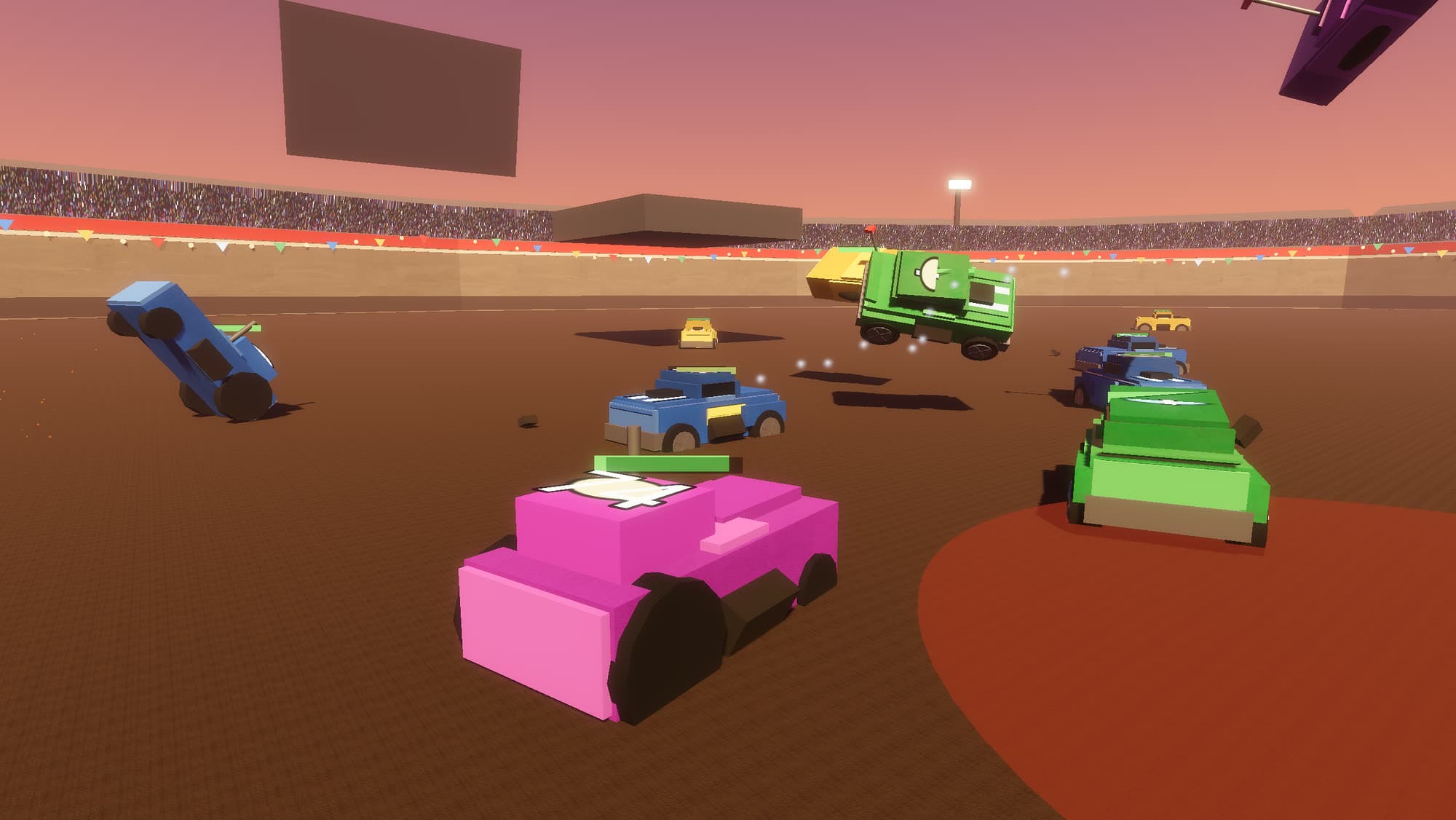 Crash Derby Arena — live gameplay: a car flipped airborne mid-round with debris across the dirt
