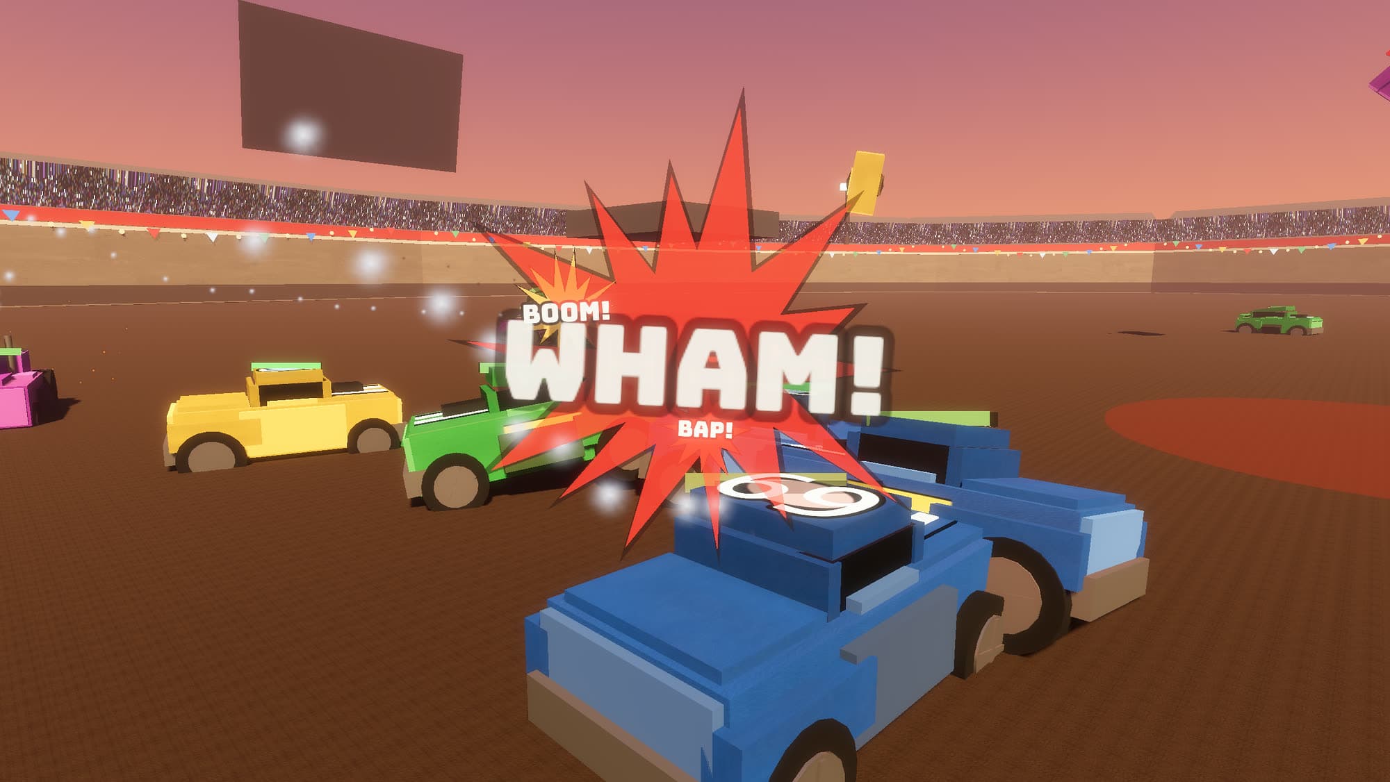 Crash Derby Arena — live gameplay: two cars colliding under a WHAM! comic burst with the crowd behind
