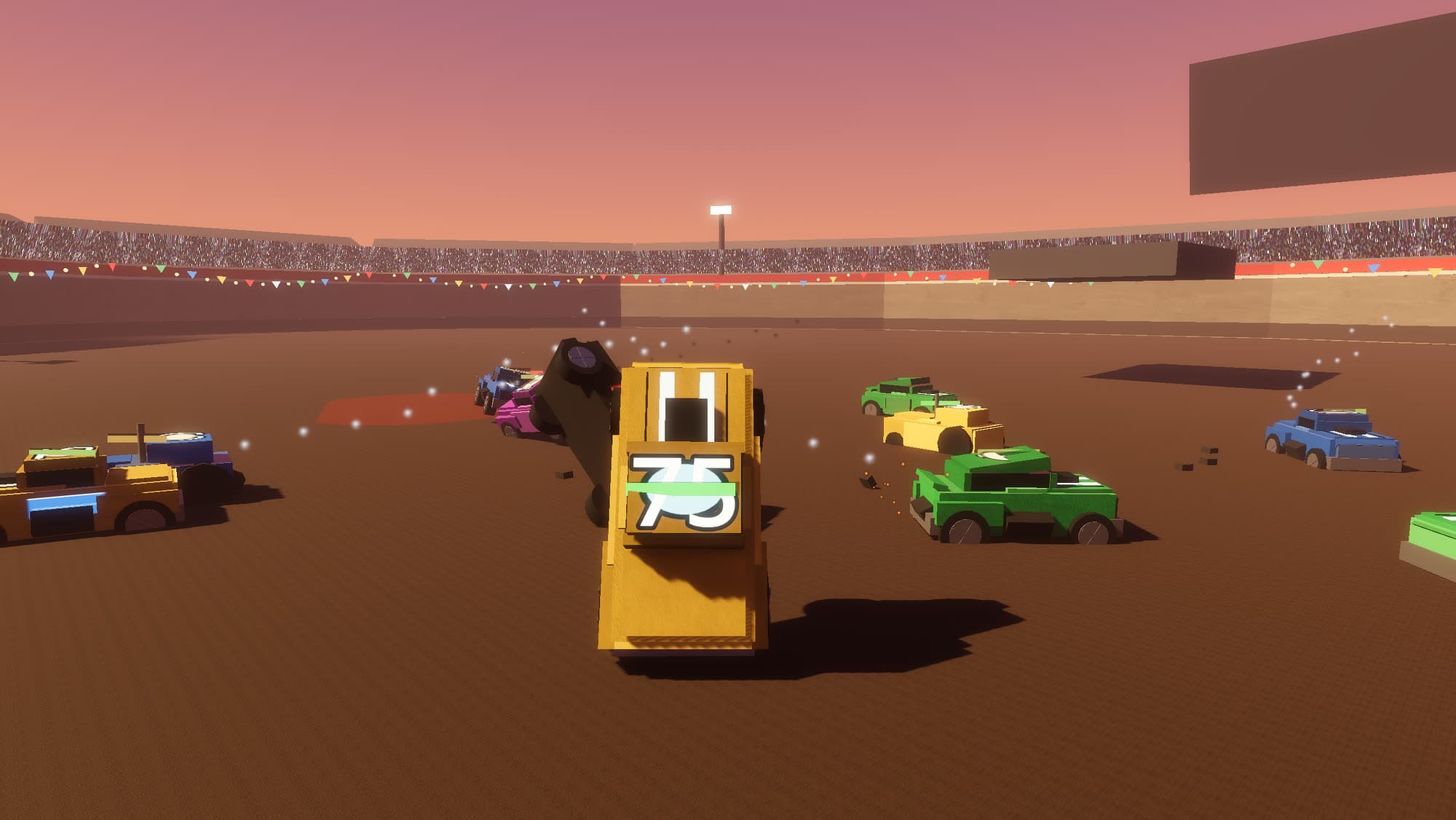 Crash Derby Arena — live gameplay: late round with a burnt husk smoking on the field among survivors