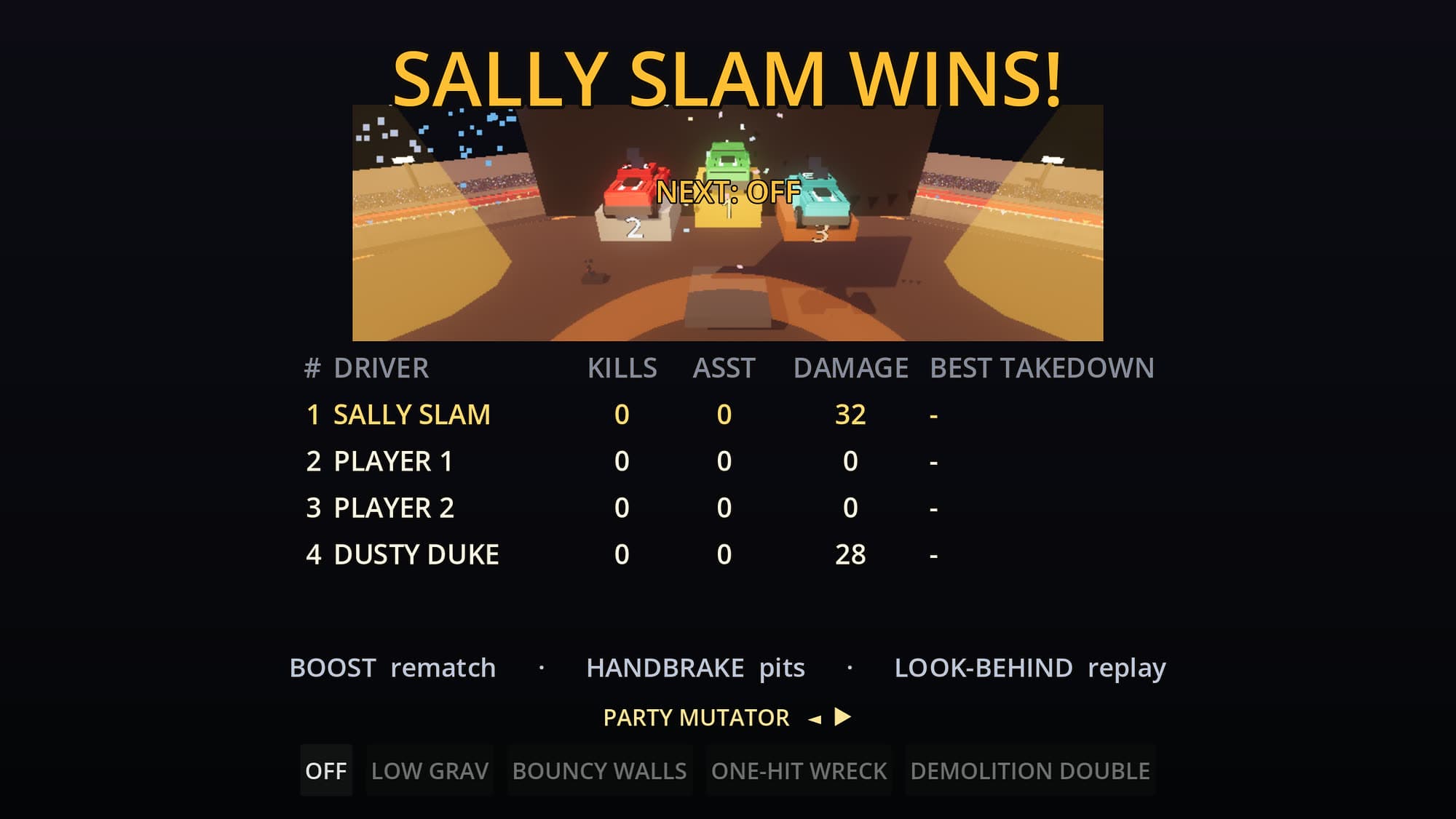 Crash Derby Arena — results ceremony with podium and stats