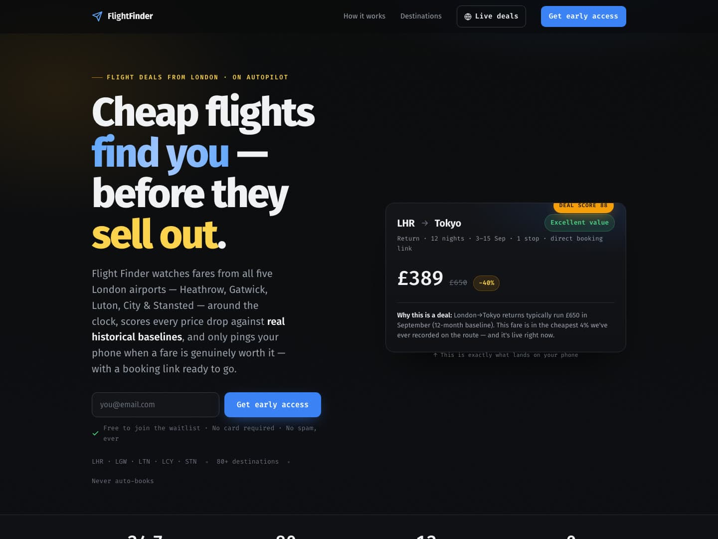 Flight Finder landing page — hero and a sample deal card