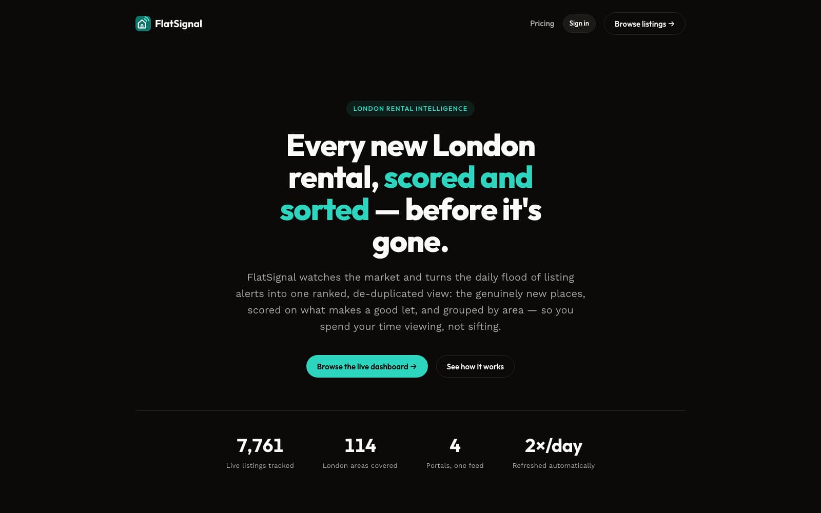 FlatSignal landing page at flatsignal.app — every new London rental, scored and sorted