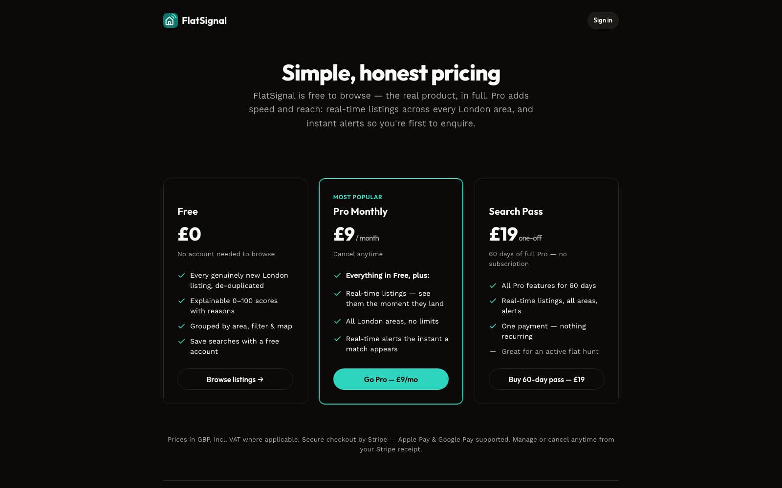 FlatSignal pricing — free to browse, Pro monthly, and a one-off search pass