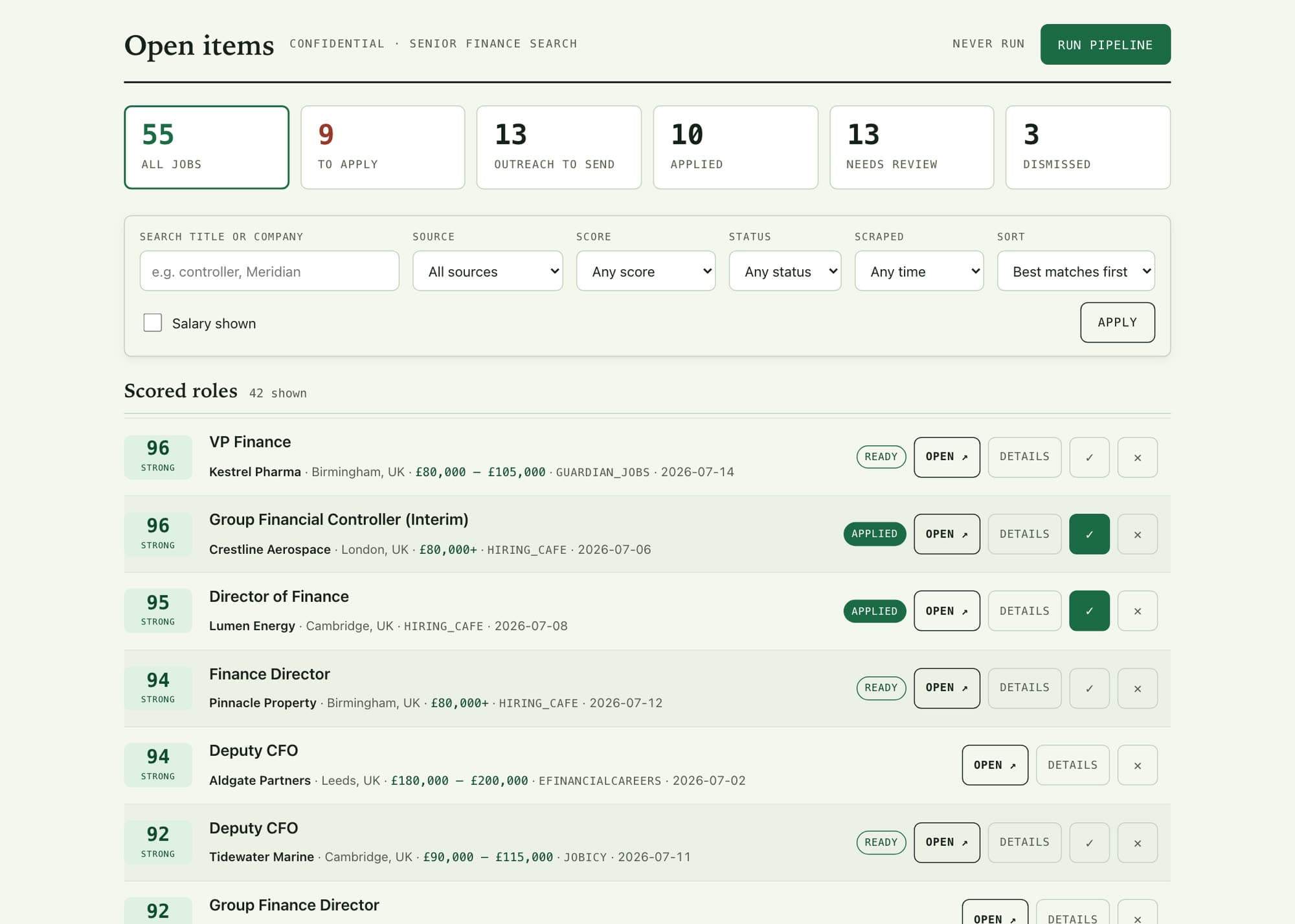 Job Search Automator dashboard — scored senior-finance roles with workflow states