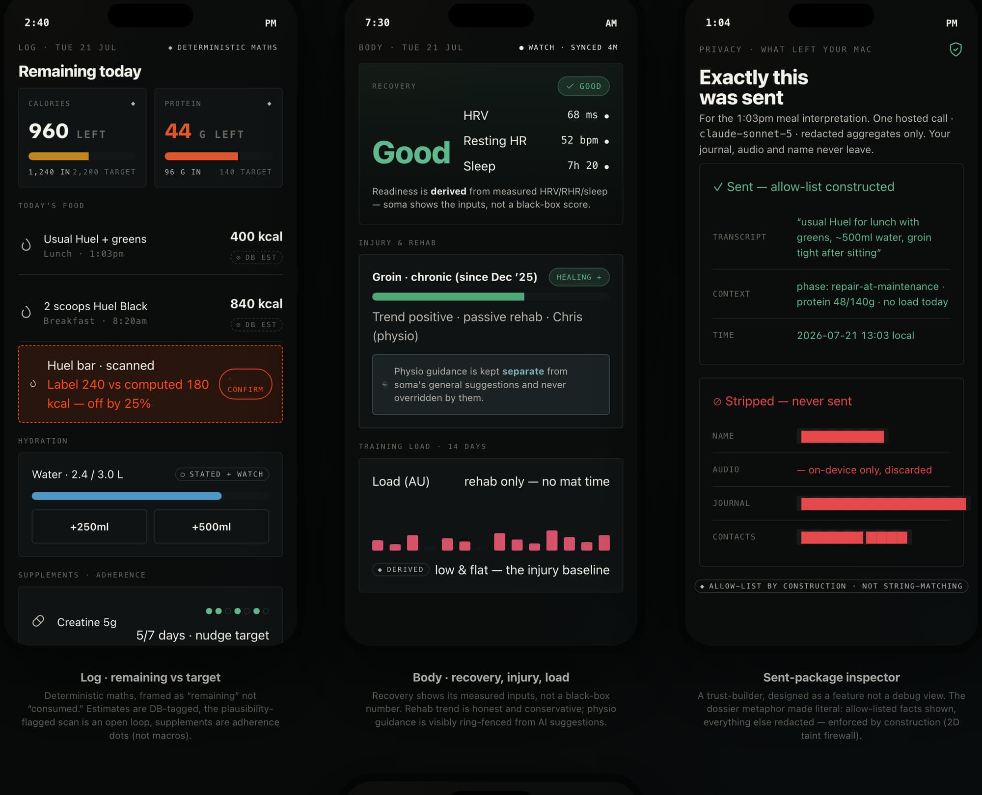 Soma — iPhone screens: log, body, privacy inspector