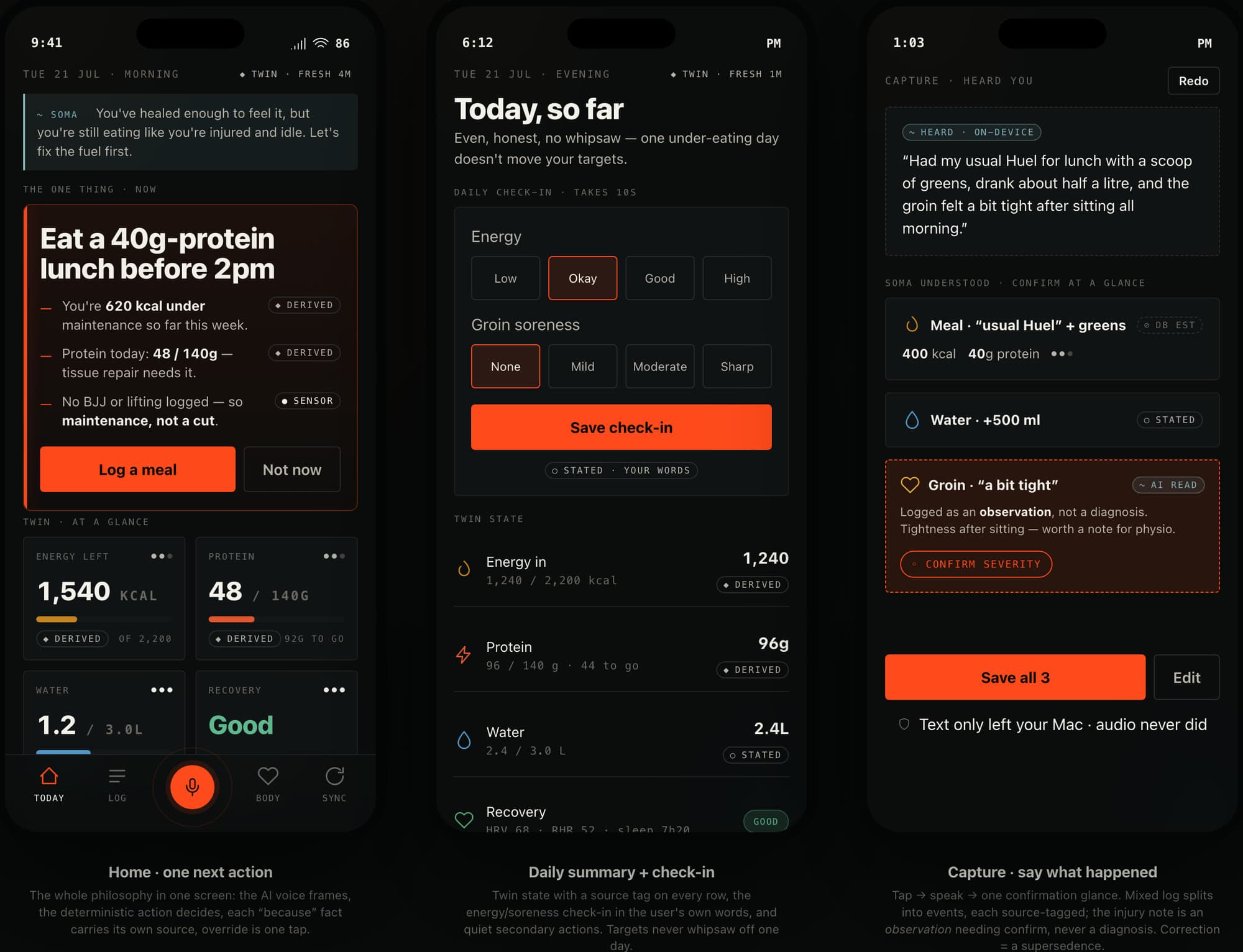 Soma — iPhone screens: home, daily summary, capture