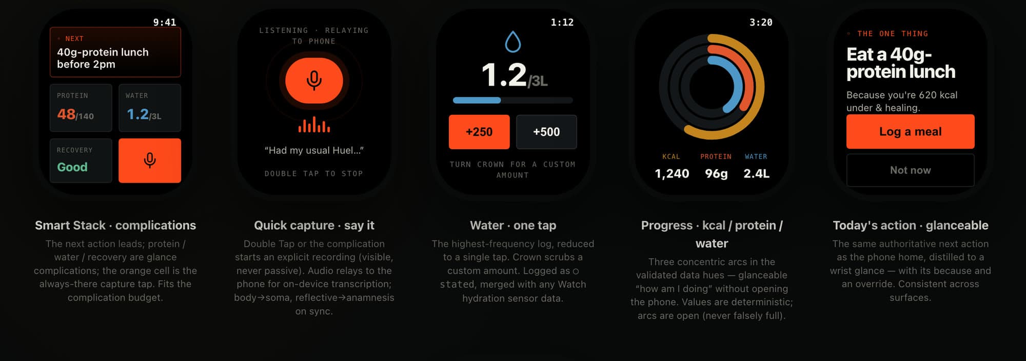 Soma — Apple Watch faces: capture, water, progress, next action