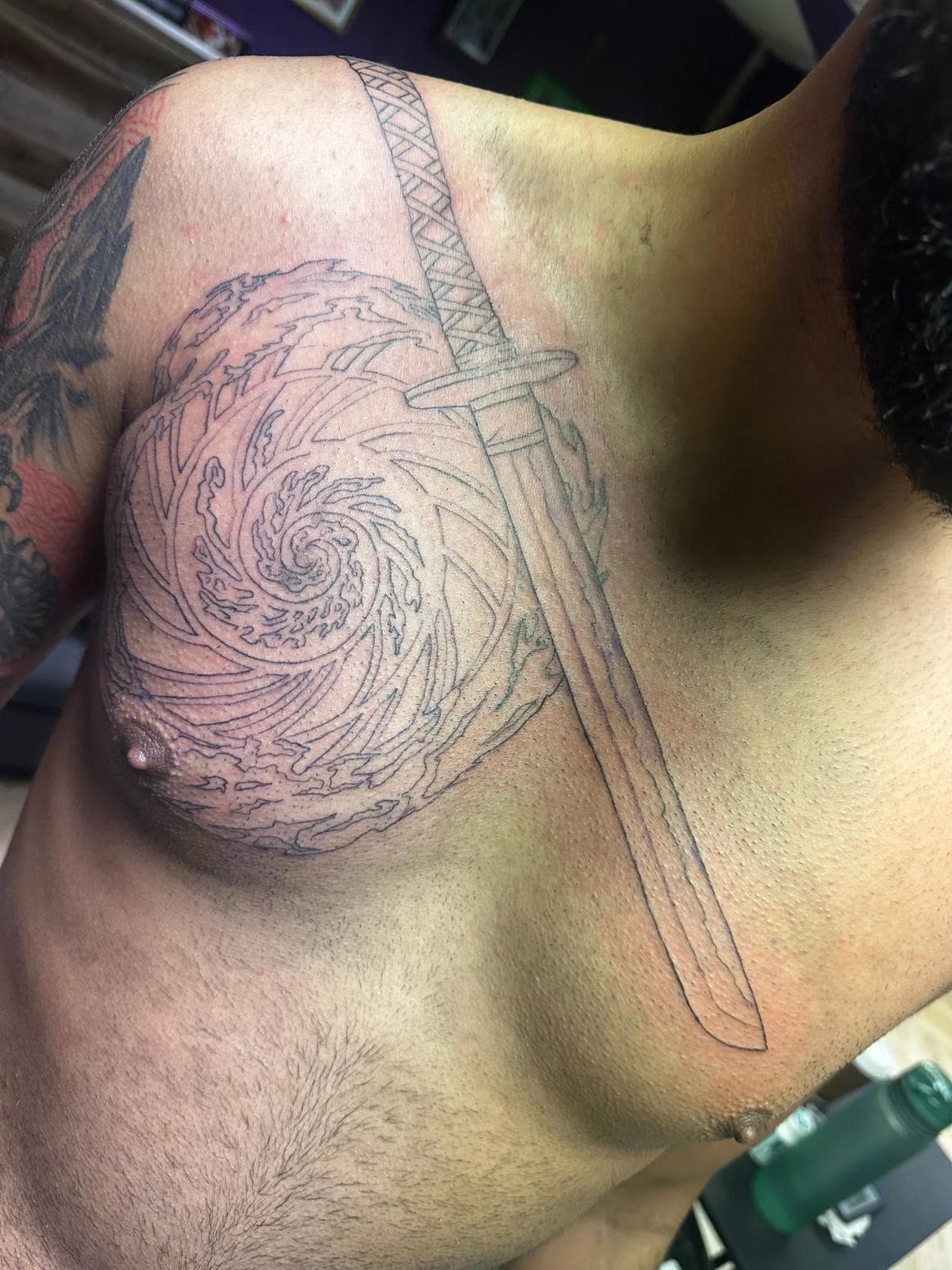 Chest — katana and spiral outlined