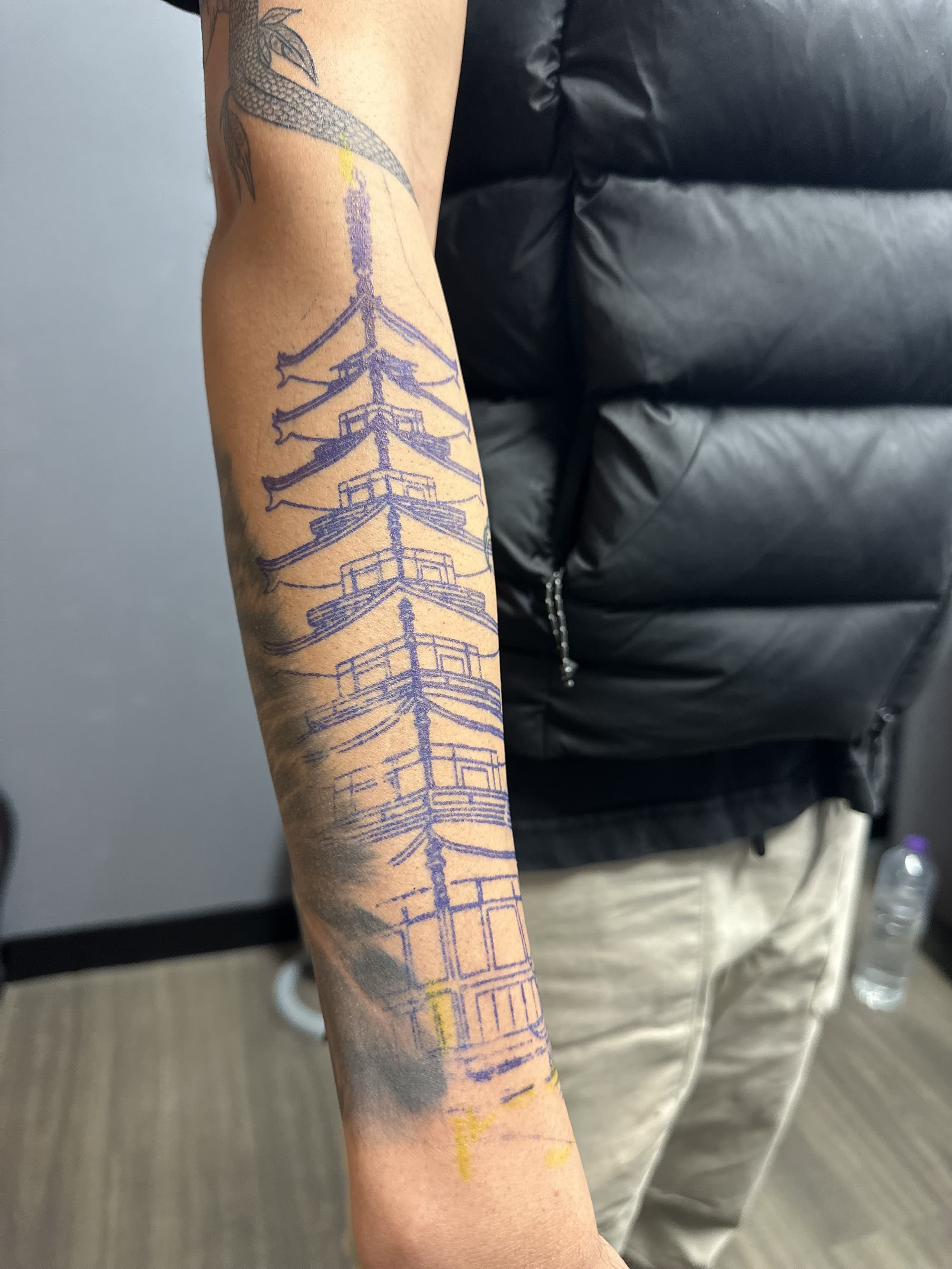 Pagoda — purple stencil before tattooing