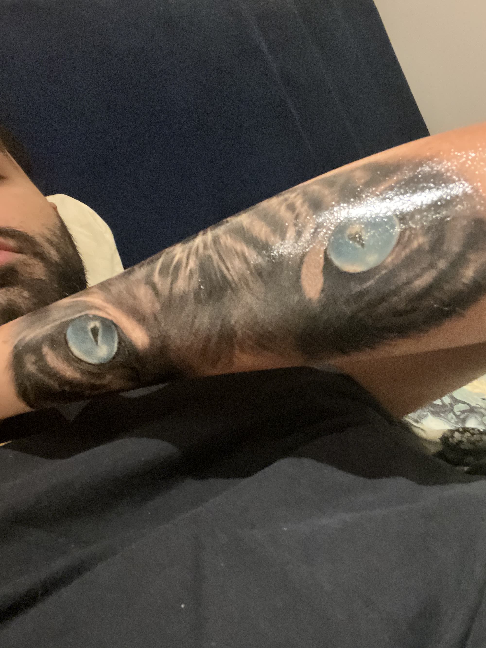 Tiger eyes — hyper-realistic blue irises on outer forearm